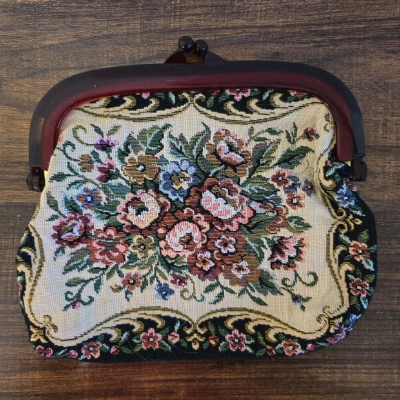Vintage Floral Needlepoint Clutch Purse With Maroon Frame & Kiss Lock Closure - Picture 5 of 8